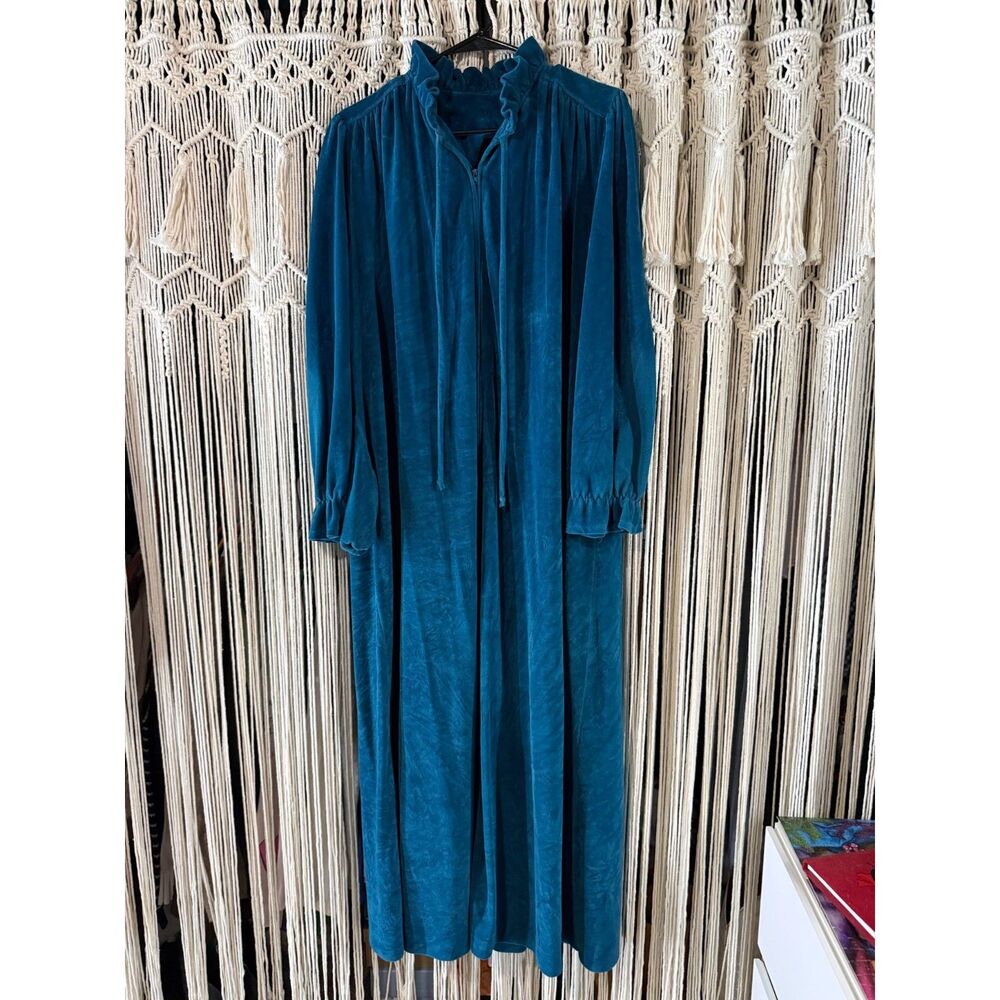 Vintage 1970s/1980s Teal Blue Velour Zip-Up Hostess Robe Maxi House Dress